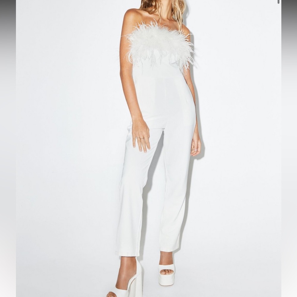 Nasty gal “bandeau feather trim jumpsuit”